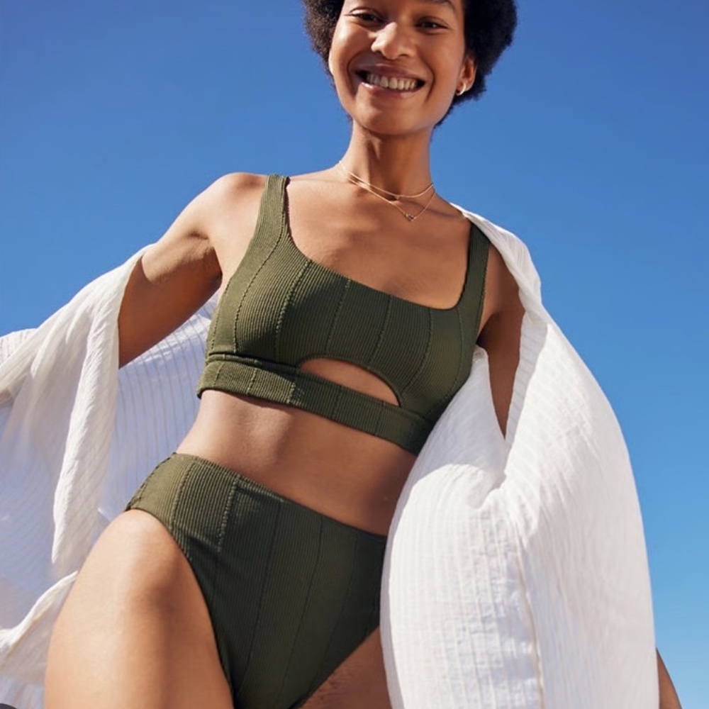 Aerie Crinkle Cutout Bikini Set  NWT Olive Forest Green Ribbed Swimsuit AE